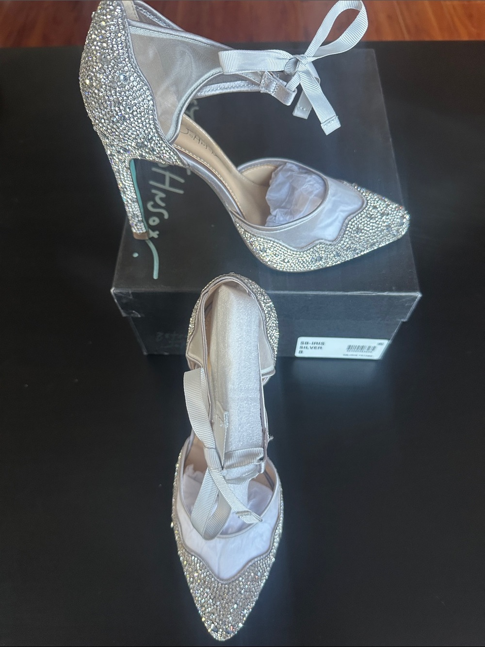 Betsey Johnson Silver Crystal Ankle-Tie Pointed-Toe Heels